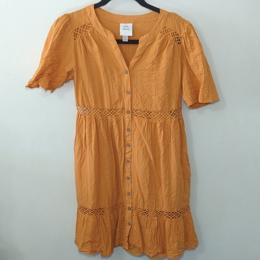 Knox Rose Embroidered Mini Dress Orange Boho Button Down Women's Size XS